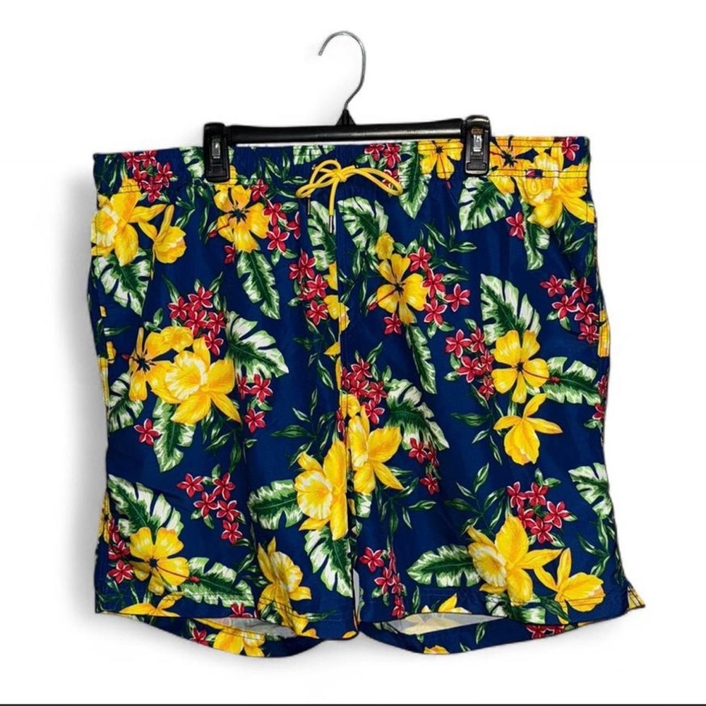 Lands’ End Men’s Floral Blue Hawaiian Polyester Lined Swim Trunks Size XXL